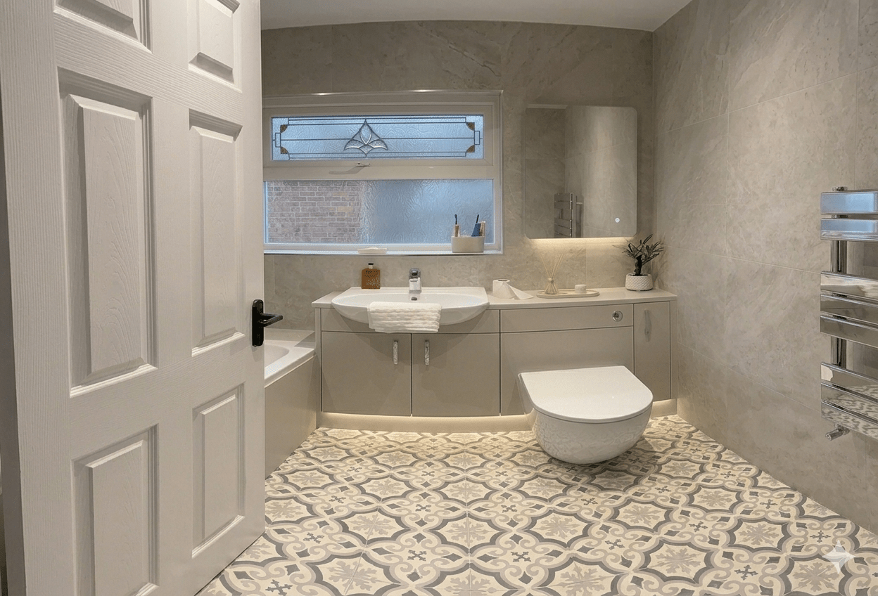 Contemporary bathroom with stylish fixtures and patterned floor tiles.