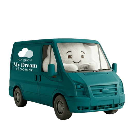 My Dream Flooring branded delivery van with smiling mascot character visible through windshield