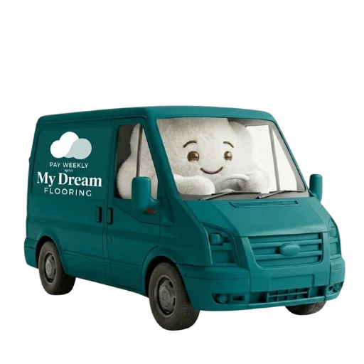 My Dream Flooring branded delivery van with smiling mascot character visible through windshield