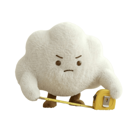 Fluffy white cloud character holding yellow measuring tape with angry expression