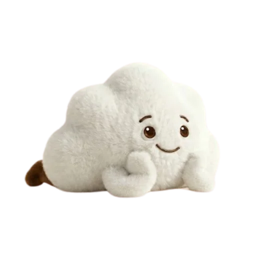 Cute white fluffy cloud plush toy with smiling face and brown tail on white background