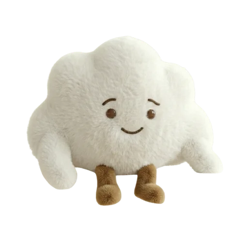 Cute white plush cloud toy with brown feet and smiling face on white background
