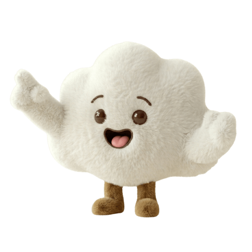 Cute fluffy white cloud character with happy face, brown eyes and feet, cheerful mascot illustration