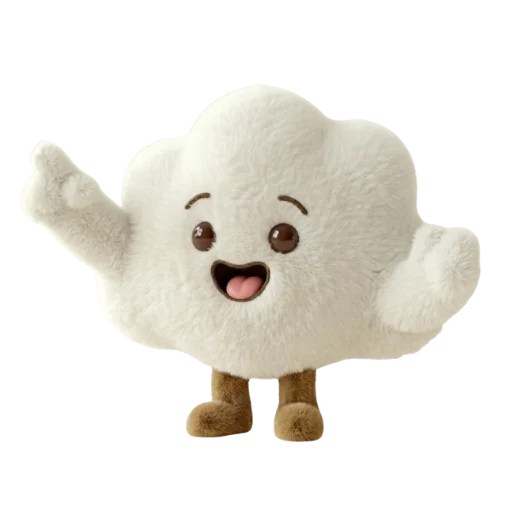 Cute fluffy white cloud character with happy face, brown eyes and feet, cheerful mascot illustration
