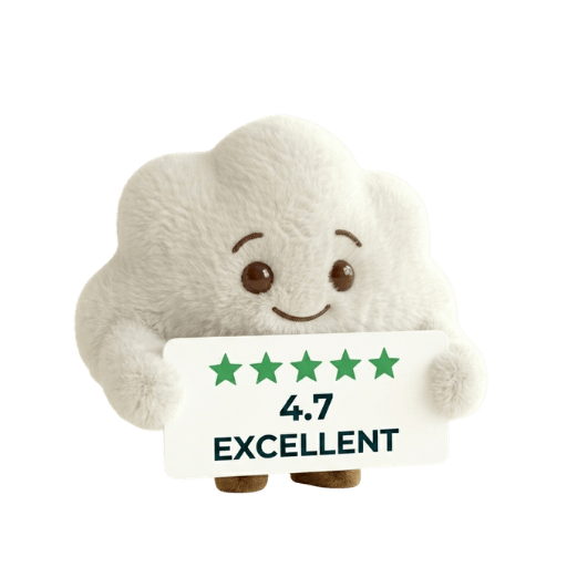 Cute white fluffy plush toy holding 4.7 star excellent rating card with green stars on white background