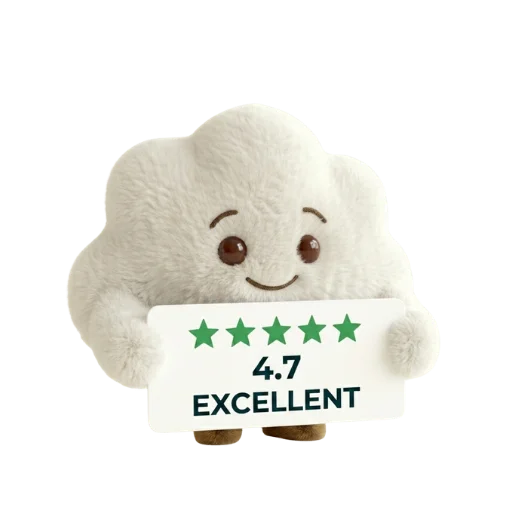 Cute white fluffy plush toy holding 4.7 star excellent rating card with green stars on white background