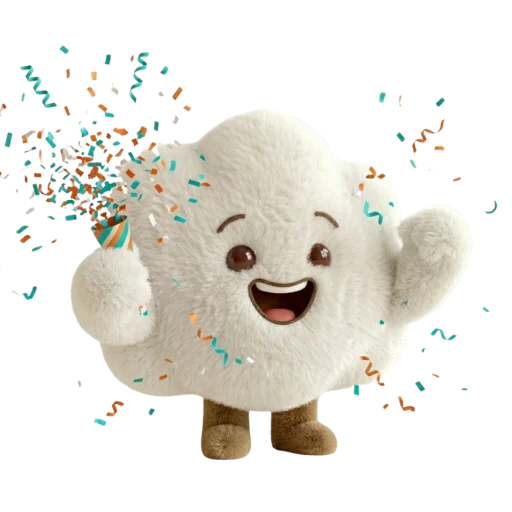 Cheerful fluffy white cloud character celebrating with confetti and streamers on white background.