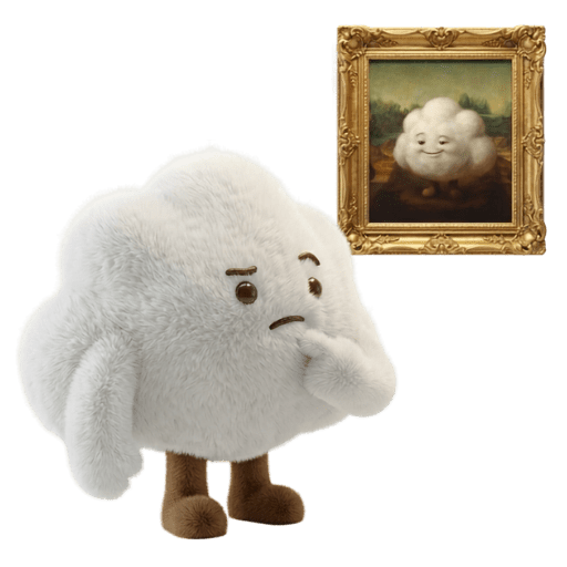 A sad white fluffy character looking at its portrait in a golden frame on the wall.