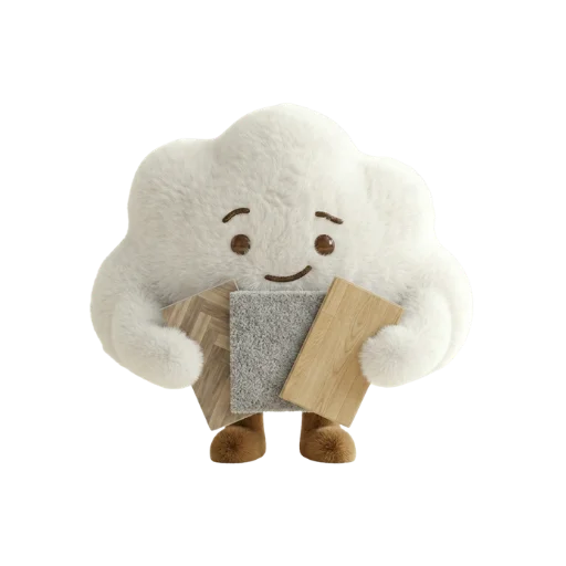 Cute fluffy cloud character holding fabric swatches with happy expression and wooden feet
