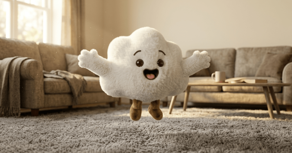 Cheerful fluffy white cloud character with brown legs jumping on gray carpet in modern living room with beige sofa.