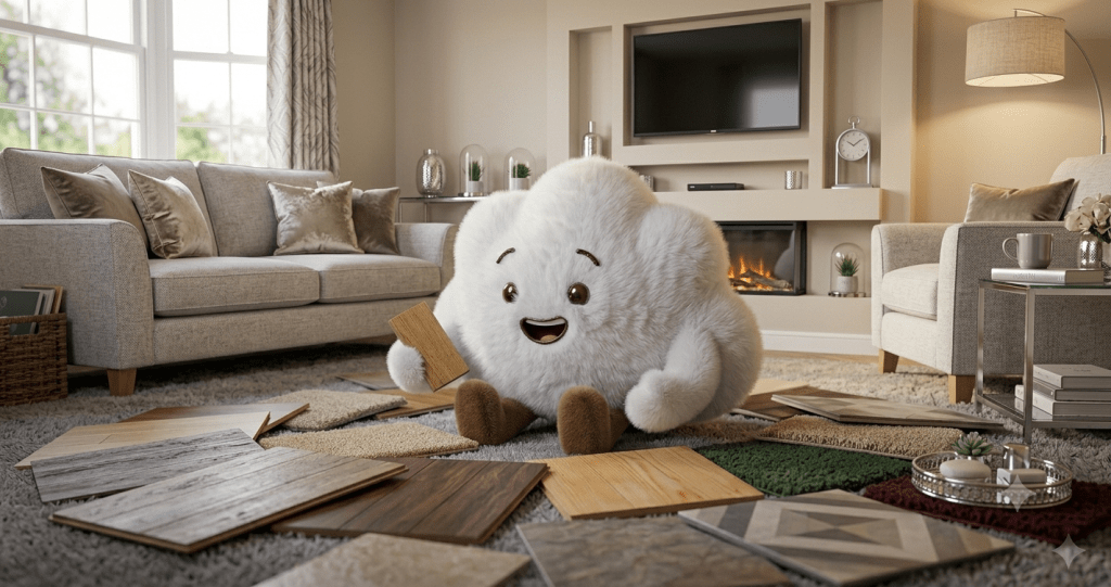 Cheerful white fluffy character holding wood plank in modern living room with fireplace and furniture samples.