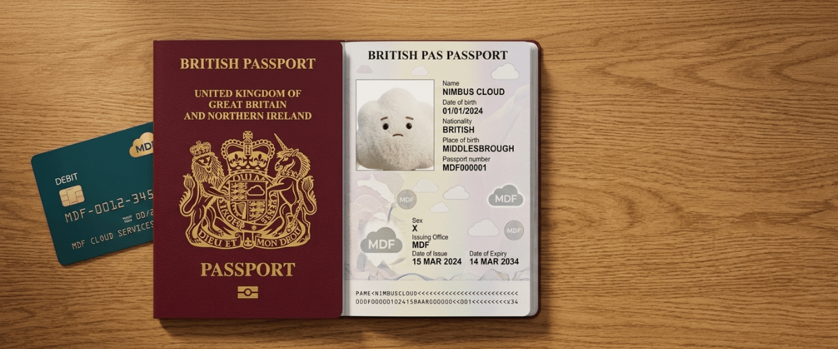 British passport for Nimbus Cloud with matching debit card on wooden surface