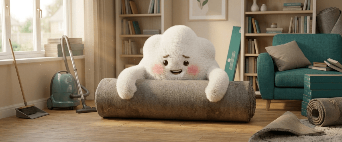 Cute fluffy white cloud character hugging a rolled carpet in a cozy living room with bookshelves and teal sofa.