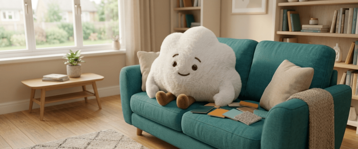 Cheerful white cloud plush toy sitting on teal couch in bright living room with wooden shelves and windows.